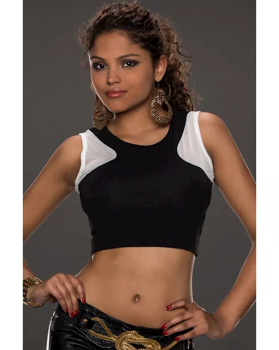 black mesh stitching crop club top