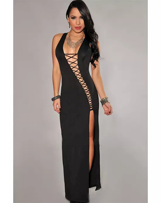 black open cut-out slit slender evening dress