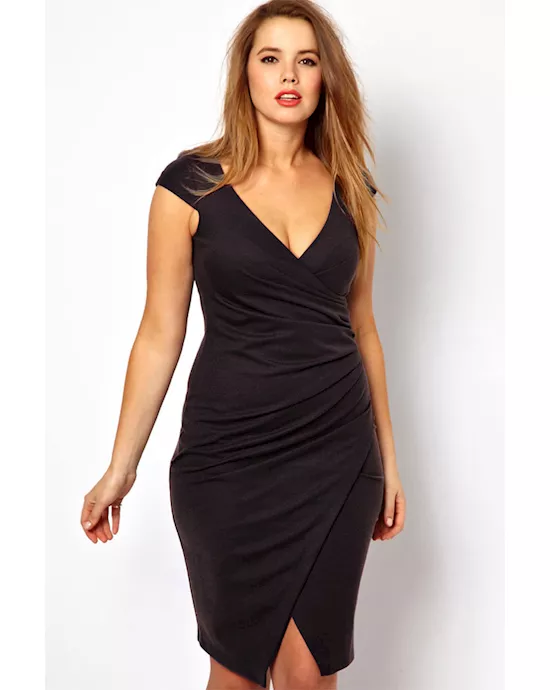 black ruched wrap midi dress