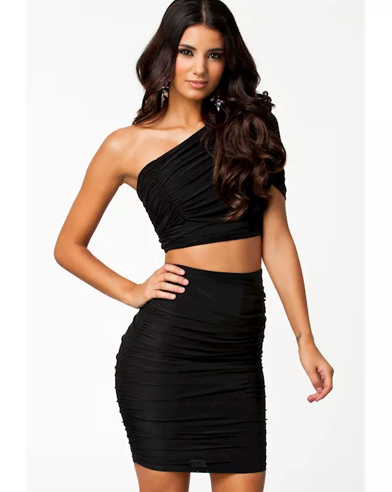 black sexy tight folded one-shoulder midi skirt set