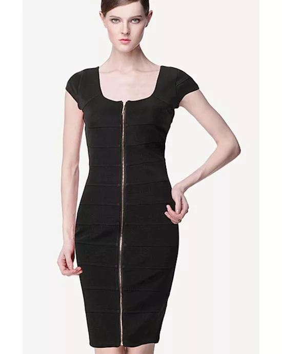 black square neck front-back full-length zip bandage dress