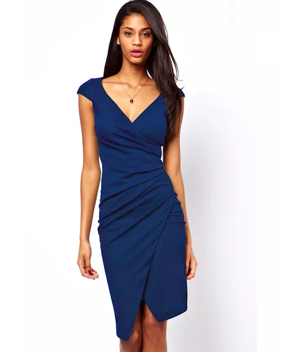 blue ruched wrap midi dress