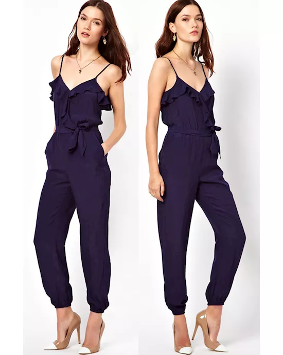 blue ruffle jumpsuit with belt