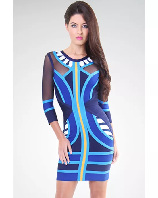 blue tribal patchwork long sleeves bandage dress