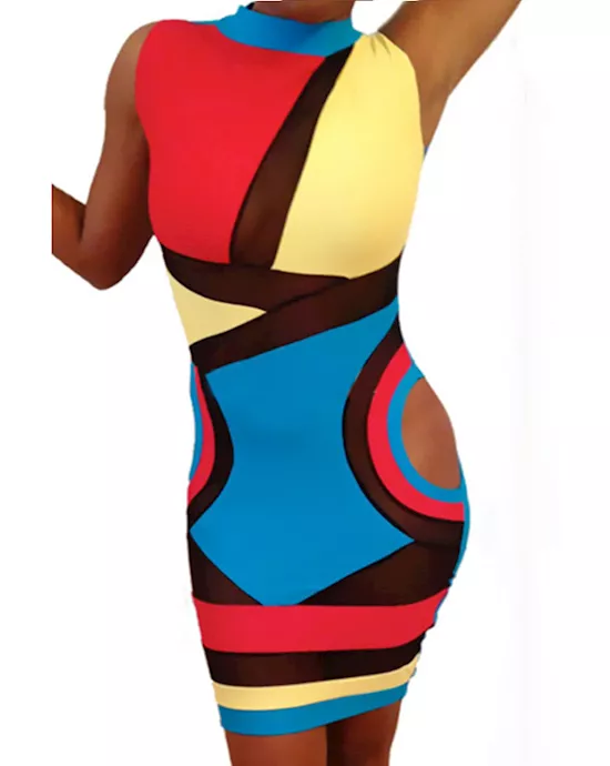 bold color patchwork cut-out bodycon dress