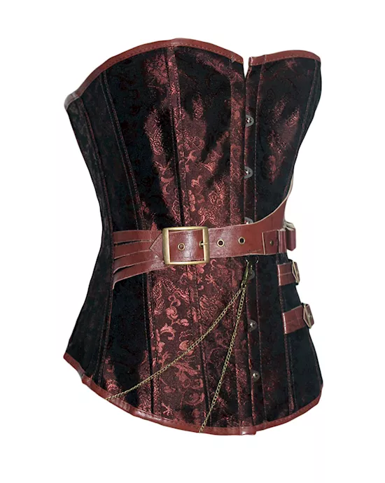 brown brocade steampunk boned corset with leather strap