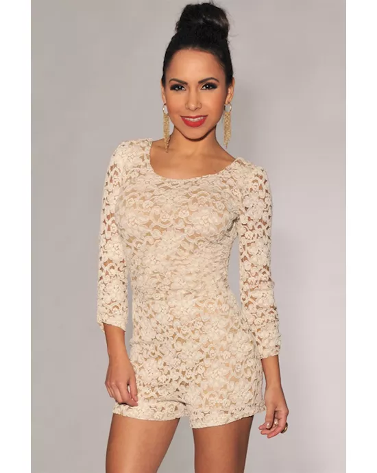 cream lace nude illusion knotted key-hole back romper