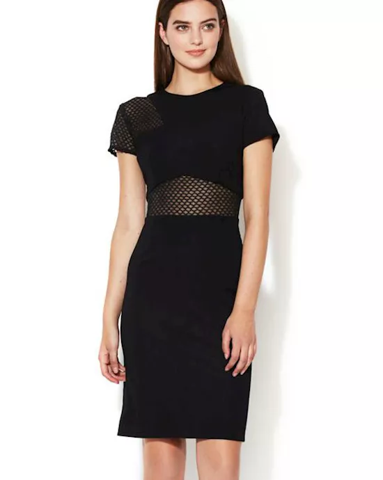 fishnet detail black pencil midi dress