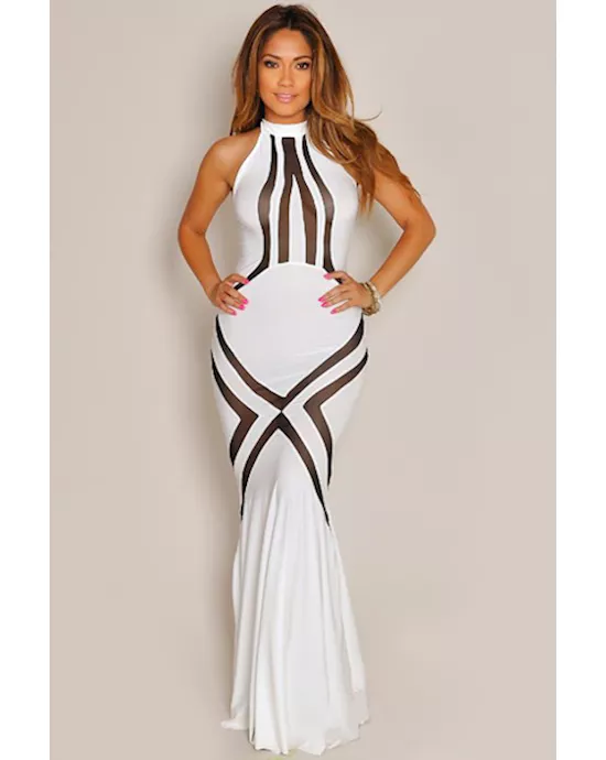 glam white mesh pattern hourglass evening dress