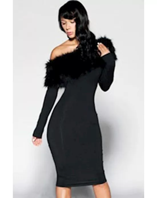 fur neckline off shoulder evening party midi dress