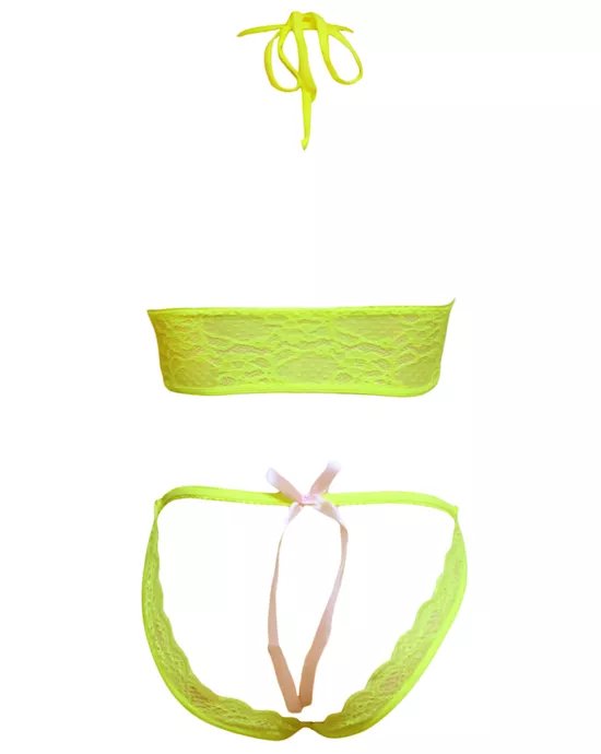 Neon Lace Bra & Crotchless Panty Set