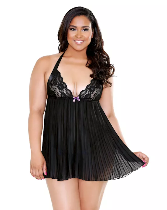 Pleated Halter Lace Cup Chemise & Matching G-String
