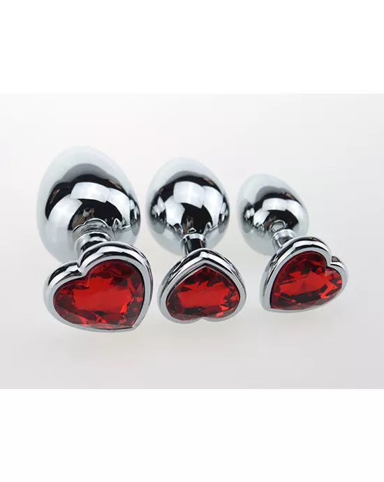Chrome Butt Plug with Red Heart Shaped Jem