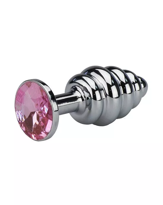 Ribbed Chrome Butt Plug With Gem