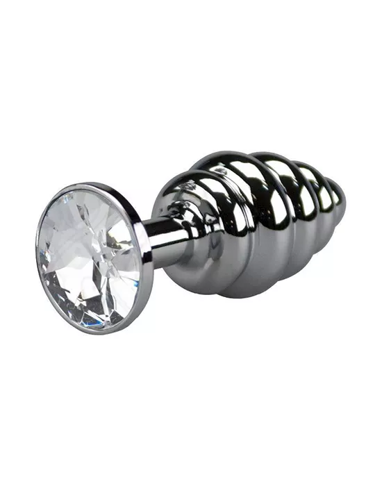 Ribbed Chrome Butt Plug With Gem