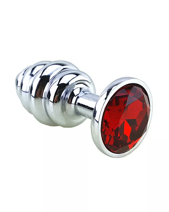 Ribbed Chrome Butt Plug With Gem