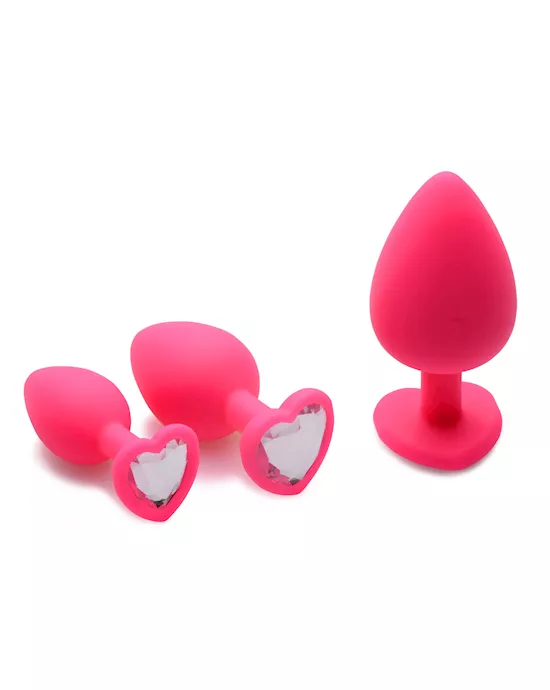 Pink Hearts 3 Piece Silicone Anal Plug Set With Gem Accents