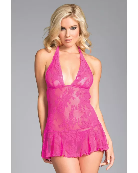 Lace Halterneck Babydoll With Thong