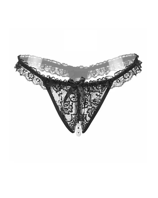 Amore Crotchless Lace Thong With Stimulating Pearls