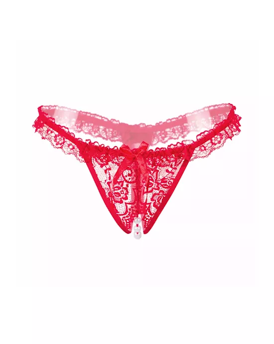 Amore Crotchless Lace Thong With Stimulating Pearls