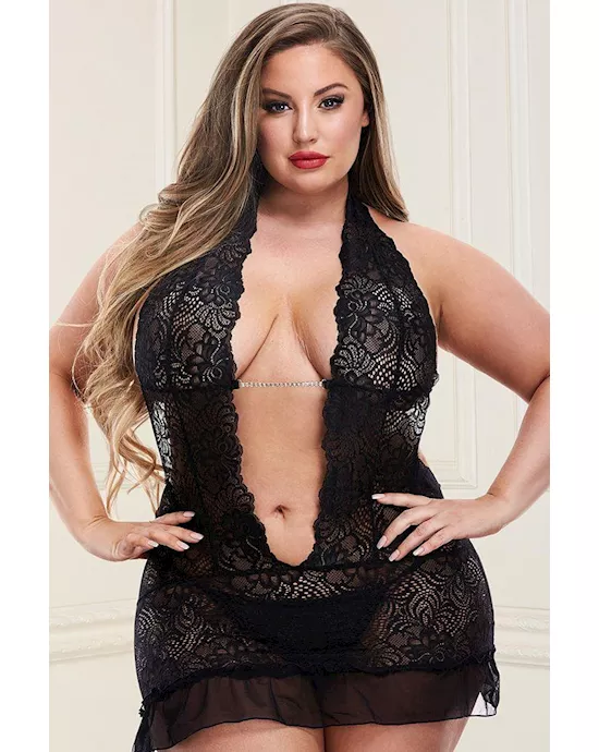 2 Piece Deep-V Lace Chemise and G-String Set