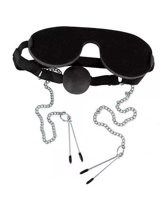 Mask with Ball Gag and Nipple Clamps