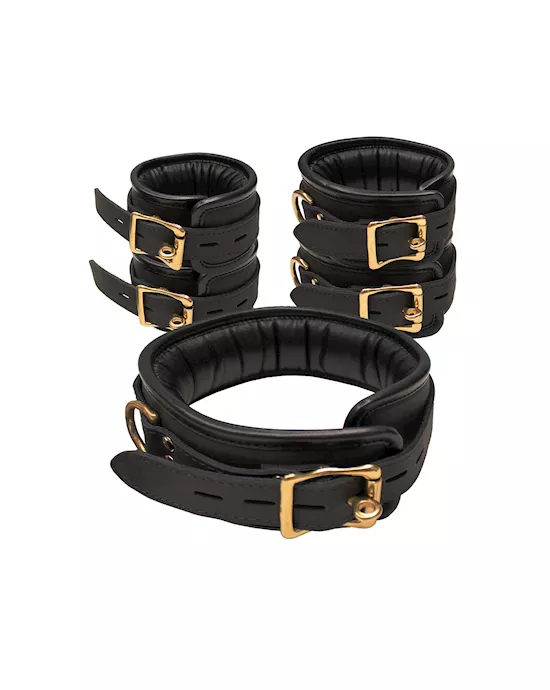 Bound X Padded Cuffs and Collar Set with Brass Hardware