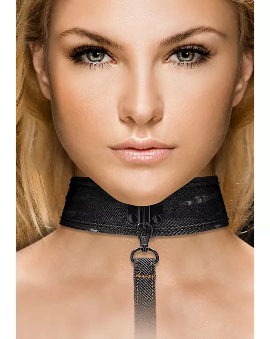 Denim Collar - With Leash - Roughened Denim Style 