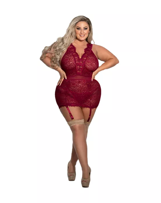 Two Piece Eyelash And Floral Lace Chemise And G-string Set