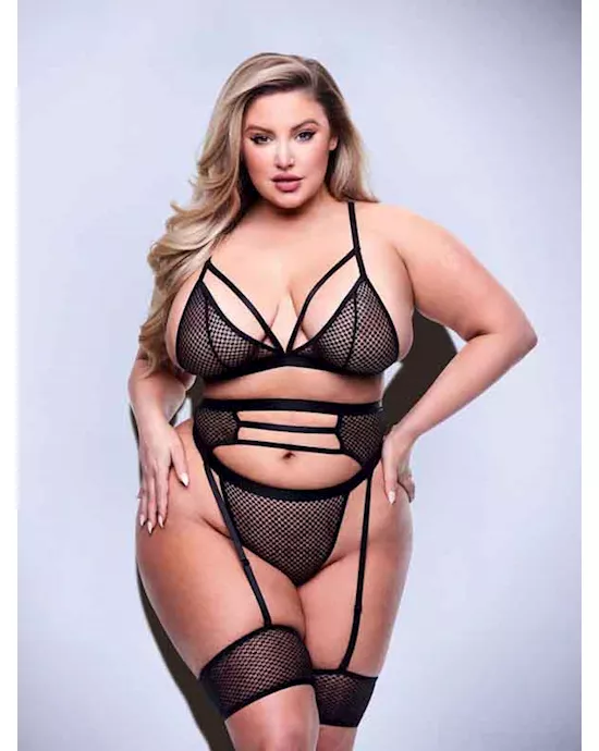 Baci 3pc Strappy Bra, Garter & Panty Set-BLK - Q BX