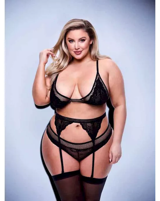 Baci 3pc Lace & Mesh Bra, Garter & Panty Set-BLK- Q BX