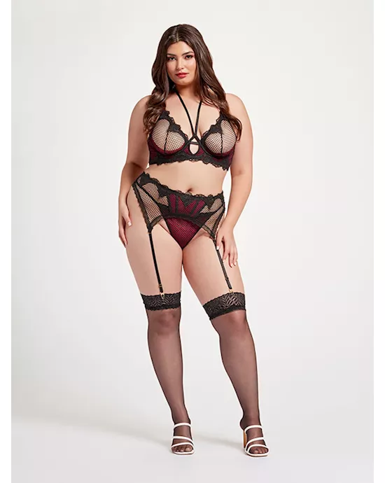 Nothing but Net Three Piece Bra Set Set STM-11458X-Black/Wine-3X/4X