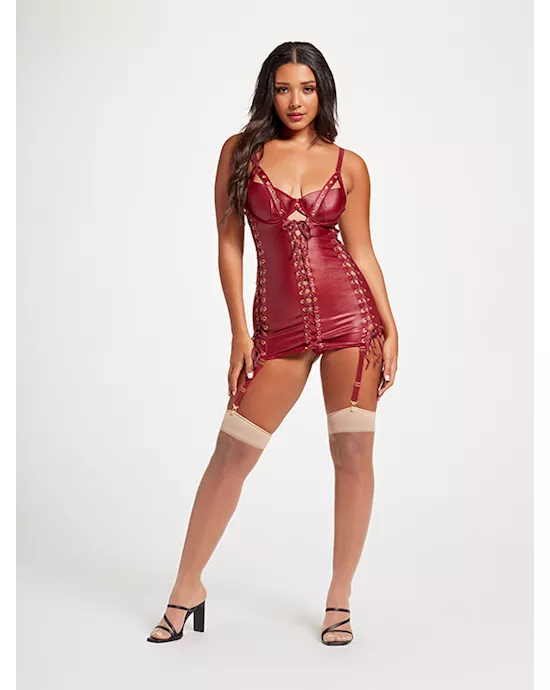 Midnight Love Vegan Leather Two Piece Chemise and Panty Set STM-11492-Wine-M