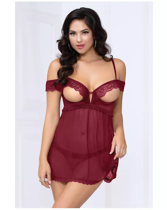 Lace & Mesh Open Cups Babydoll w/Fly Away Back & Panty Wine SM