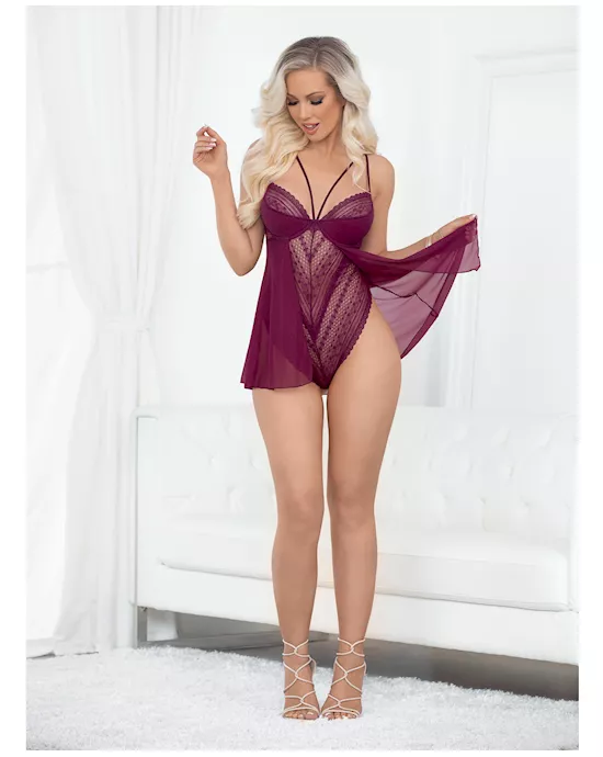 European Lace Teddy Babydoll Wine LG