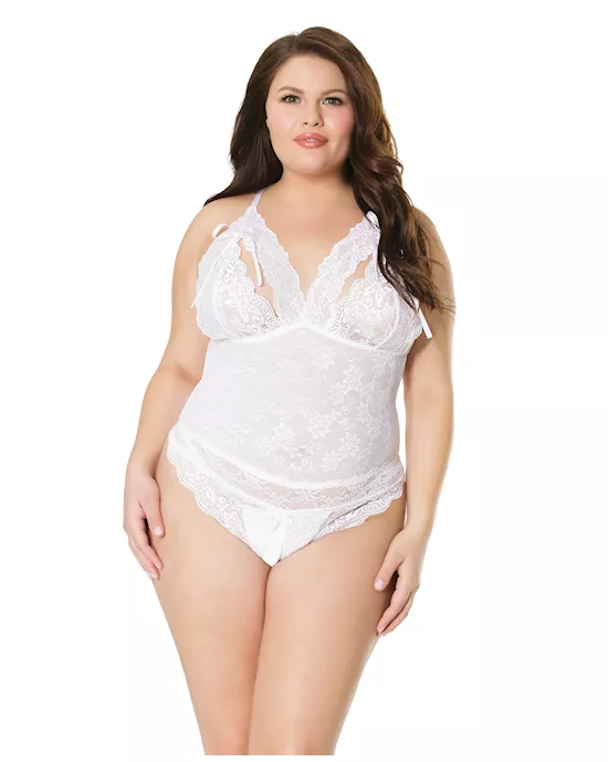 Stretch & Scallop Lace Crotchless Teddy White OS/XL