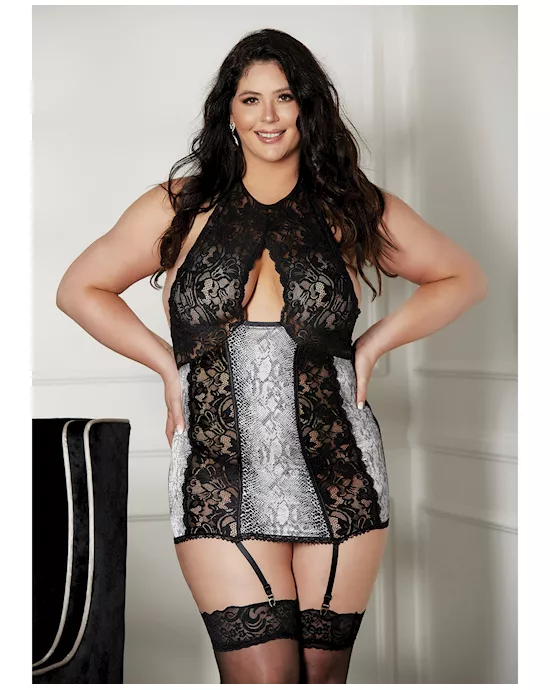 Lace Halter Neck & Snake Skin Print Gartered Chemise Black 2X