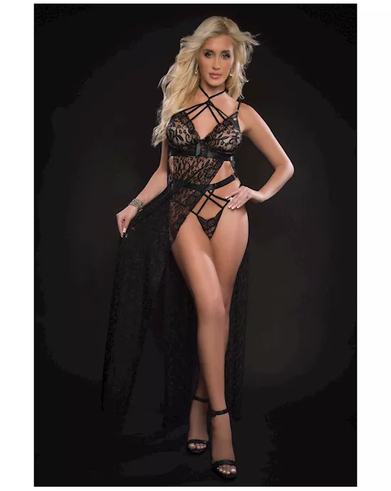 Lace Night Gown w/High Waist Strappy Panty Blackout O/S