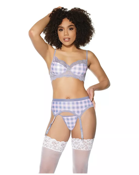Crystal Pink Buffalo Check Print, Bra, Garter Belt & String Grey/Pink SM