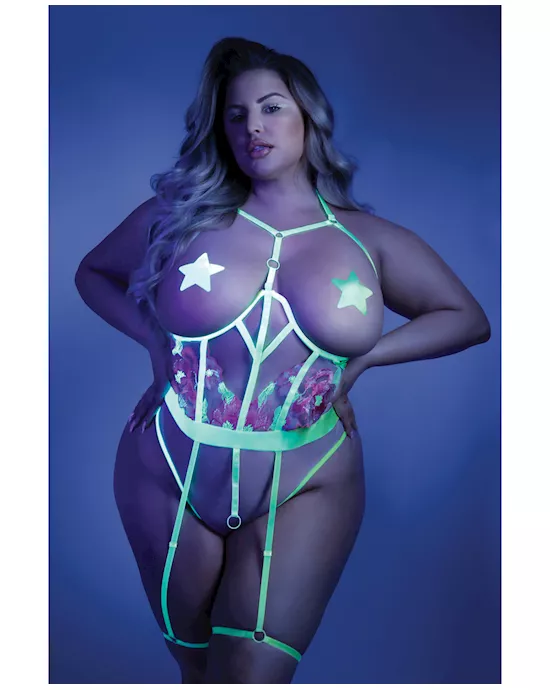 Glow Black Light Embroidered Cupless Garter Teddy (Pasties Not Included) Neon Chartreuse QN