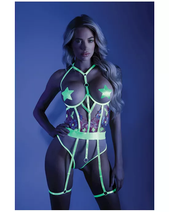 Glow Black Light Embroidered Cupless Garter Teddy (Pasties Not Included) Neon Chartreuse M/L