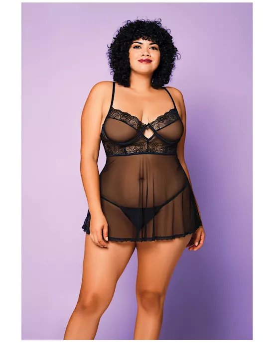 Soft Mesh Babydoll & G-String Black 3X