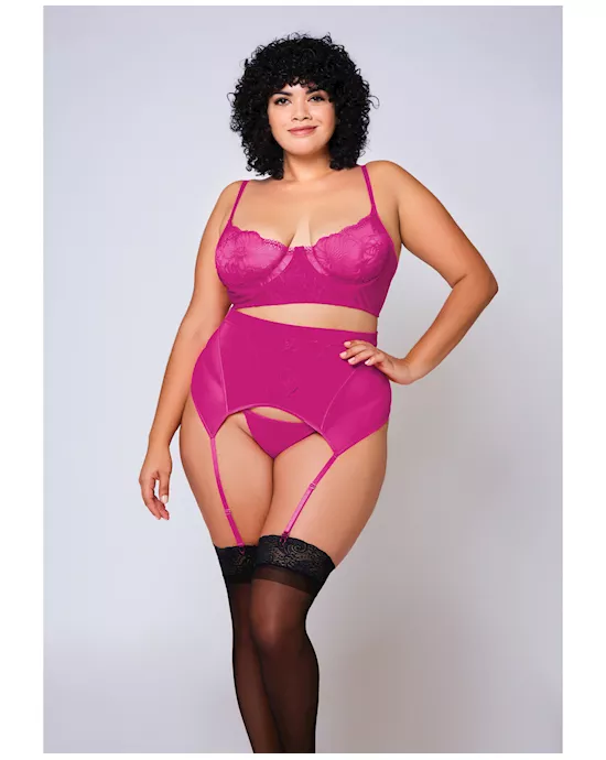 Soft Lace Bra, High Waist Satin & Mesh Garterbelt & G-String Fuchsia 1X