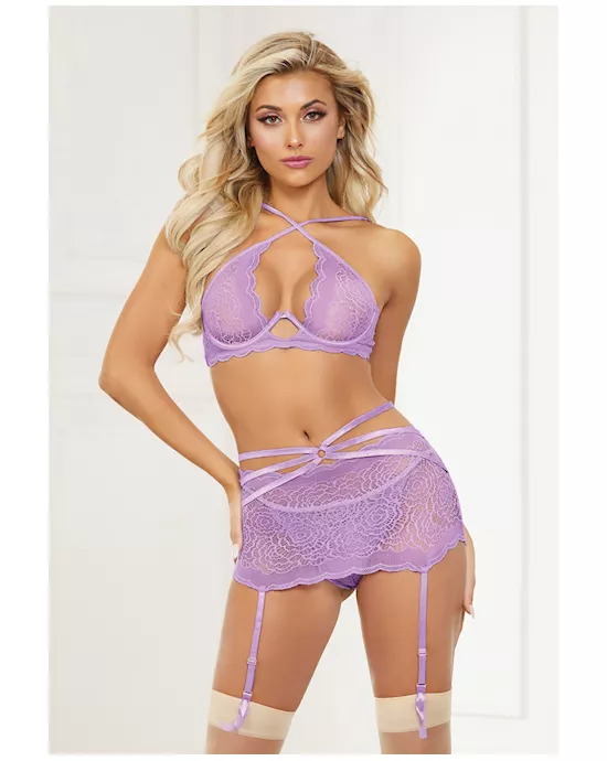 Galloon Lace Bra, Garter Skirt & G-String Lavender O/S
