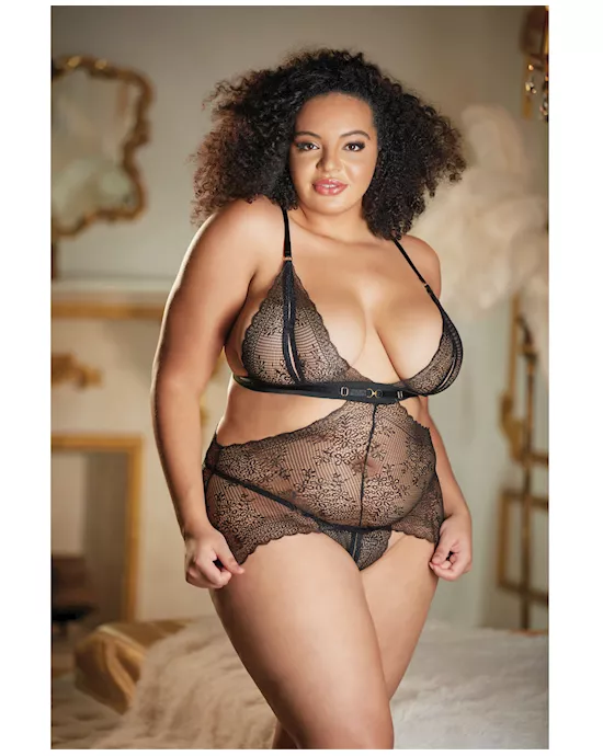 Allure Lace Peek a Boo Chemise & Ouverte G-String Black QN