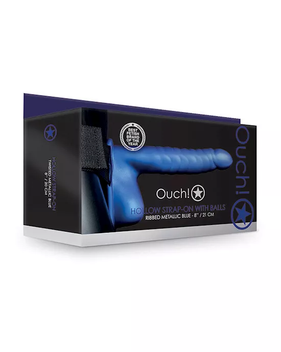 Shots Ouch 8" Ribbed Hollow Strap On w/Balls - Metallic Blue