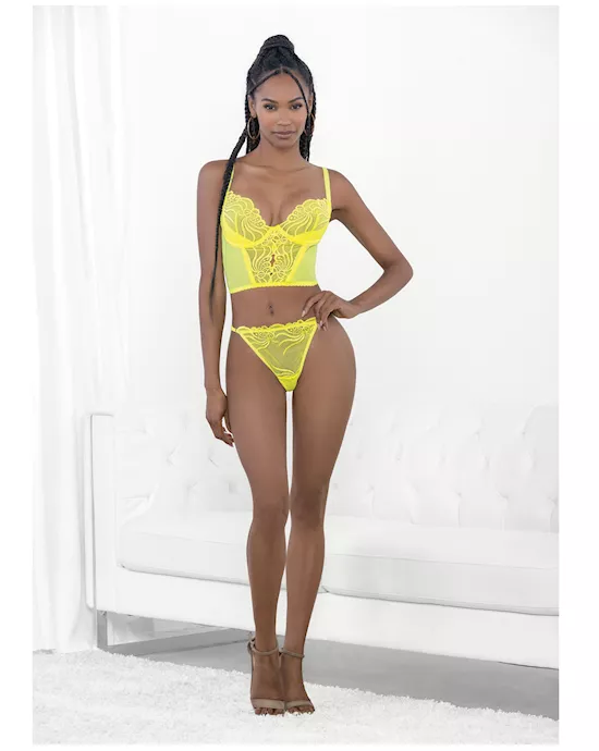 Neon Lace Corset Top w/Ring Accent & Panty Neon Lime XL