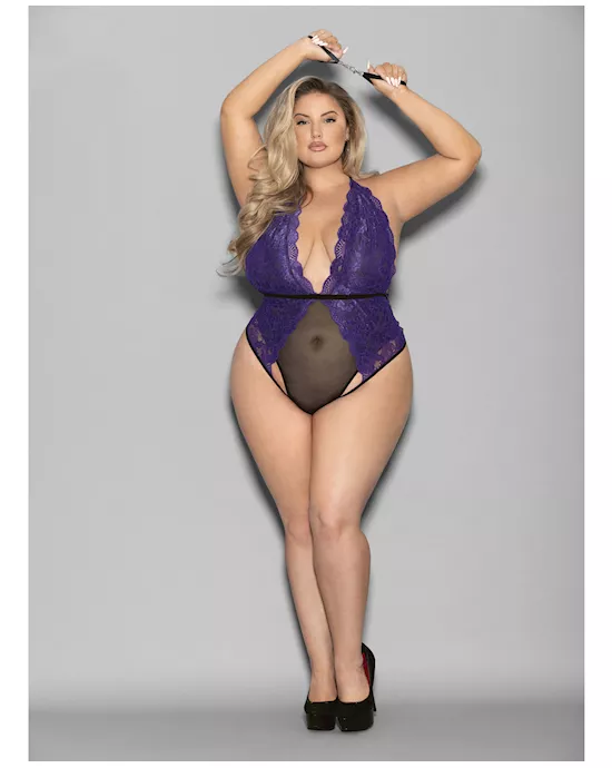 Euphoria Halter Lace & Mesh Teddy w/Wrist Restraints Purple/Black QN