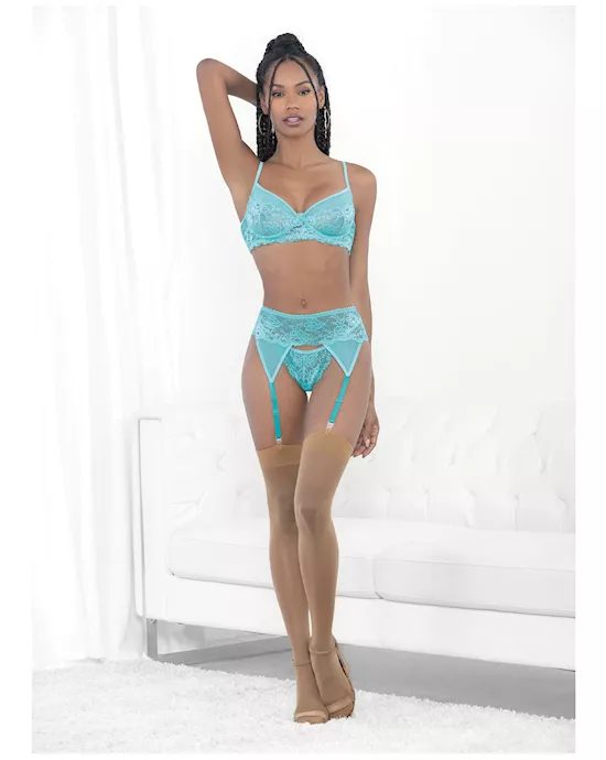 Lace & Mesh Underwire Bra, Garterbelt & G-String Malibu Blue LG
