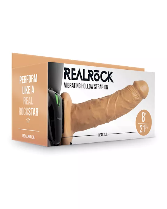 Shots RealRock 8" Vibrating Hollow Strap On W/O Balls - Tan